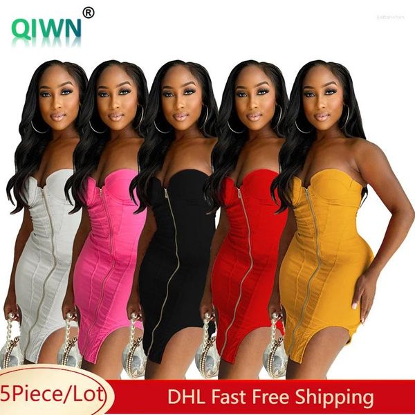 Lässige Kleider 5pcs Bulk Großhandel trägerloser Kleid Frauen Sommer sexy Reißverschluss ärmellose Mini Stylish Clubwear Ladies Party Kleidung 10788