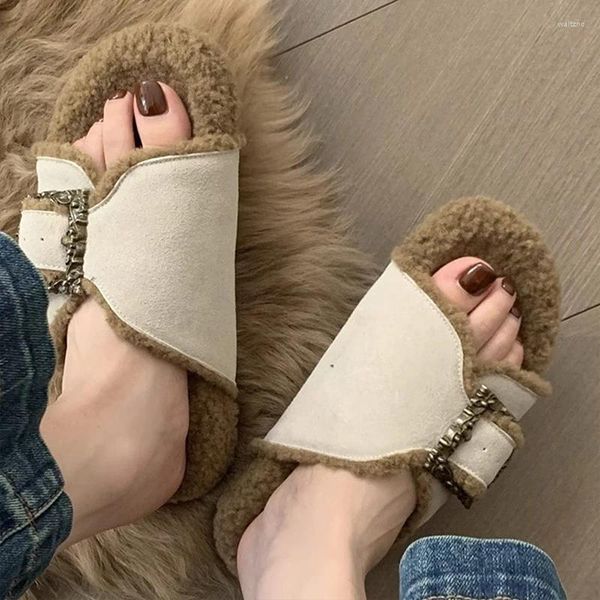 Slipper Winter Flats kurze Plüsch -Baumwolle Offener Zeh Casual Women Platform Schuhe Home Fashion Flip Flops 2024 Slingback