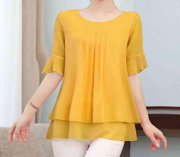 Леди сплошная цветная блузка Женщины желтая мода топ из шифона с коротким рукавом блузя рубашка элегантная ледяная одежда Femme 2020 H12306932712