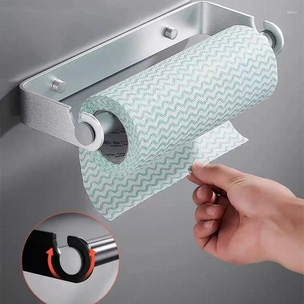 Armazenamento de cozinha Distribuidor de papel rack preto rolo de toalha acessórios Bathroom prata plataforma filmes de suporte