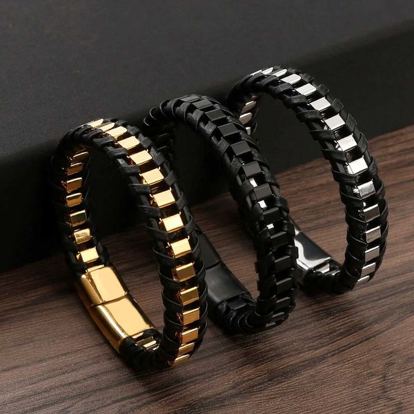 Bracelets de couro de aço inoxidável de aço inoxidável de miçangas para homens para homens, cor de joalheria preta de cor de joias punk punk bracelets de pulseiras 240423