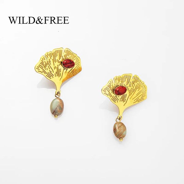 Wild Free Free Vintage Goll Batinkgo Leaf Brincos para mulheres Little Natural Stone Drop Jóias de aço inoxidável 240422