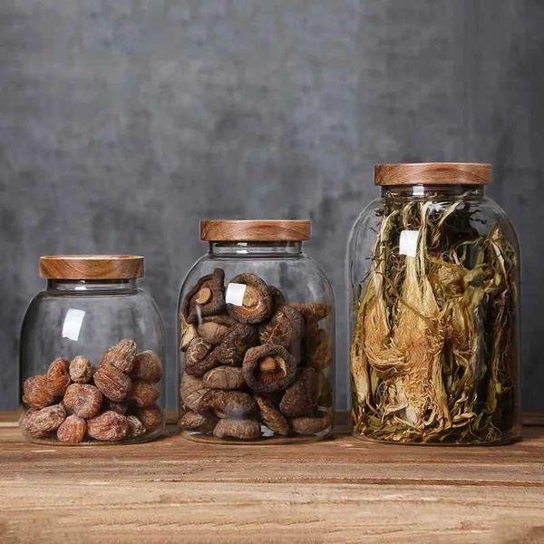 Lagerflaschen Gläser großer versiegelter Lebensmittellager Jar Küchenbehälter mit Holzdeckel Gewürzen Glas transparent Pasta luftdichter Organizer Flasche Set H240425