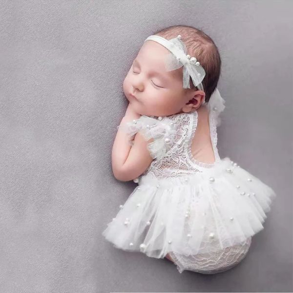 Fotoğrafçılık Yenidoğan Fotoğraf Giyim Bow Pearl Head Band+Romper+etek 3pcs/set kız bebek fotoğraf aksesuarları bebek çekim kıyafetleri