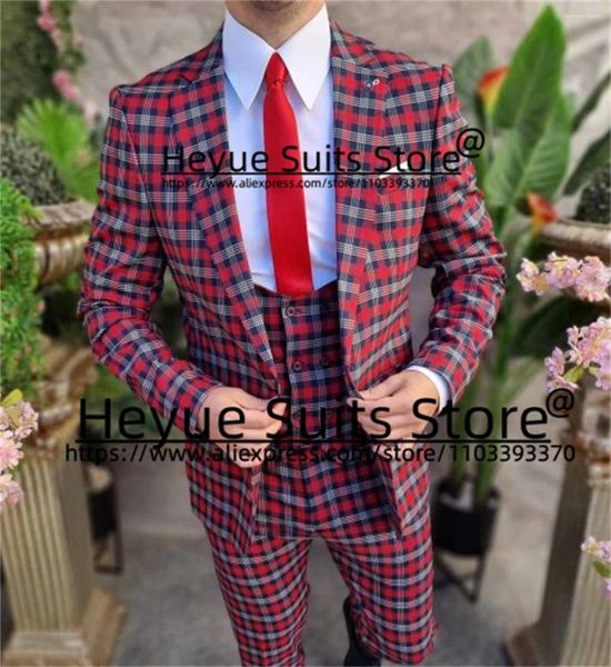 Ternos masculinos Casamento clássico da xadrez vermelho para homens Slim Fit Anded Lapel Groom Tuxedos formal 3pcs Conjuntos de negócios masculino masculino traje Blzaer Homme