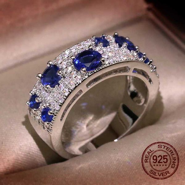 Кольца группы S925 Серебряное кольцо новейшее для женщин великолепное синее нано CZ Кольцо подлинное блестящее ювелирное подарки Свадебная вечеринка H240425