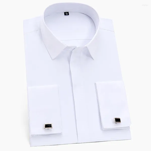 Camicie da uomo camicie classiche polsini francesi con camicia solida Placella anteriore Formale Business Standard Fit Office Long Office White White