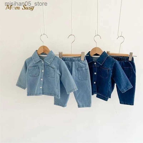 Одежда набора моды Baby Girl Boy Boy Cotton Denim Set Stelt Rush+Pant 2pcs младенец малыш детские джинсы костюм весна осень 0-5y Q240425