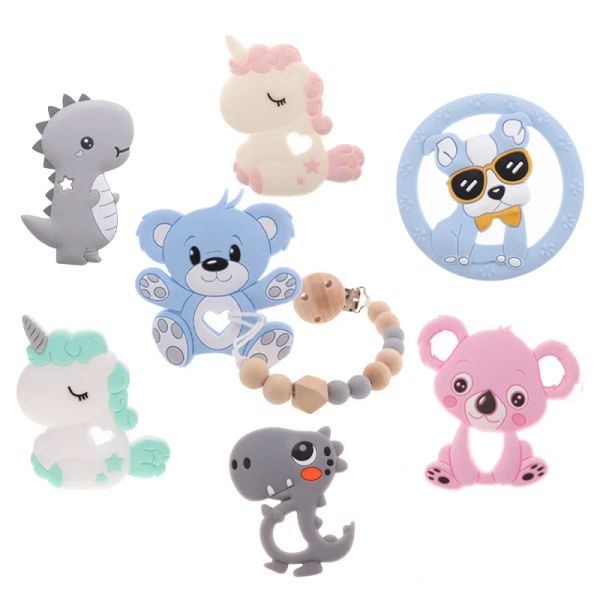 Zähler 10pcs Silikon Zähne Babys Accessoires Neugeborenes Baby Teether -Babyprodukte Schnuller personalisierter Bären Dinosaurier Koala BPA kostenlos