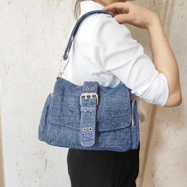 Denim de jeans de tração Mulheres ombro de bolsa de bola crossbody Rivet Ladies Axilary Bols Design Bands Bolsa feminina Blue Blue