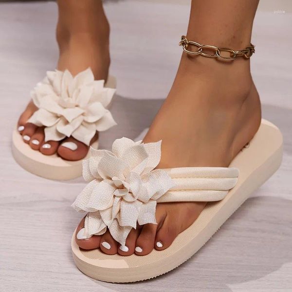 Sapatos casuais decoração de flores femininas chinelos de moda de cor sólida verão slide plana escorregada de praia ao ar livre leve