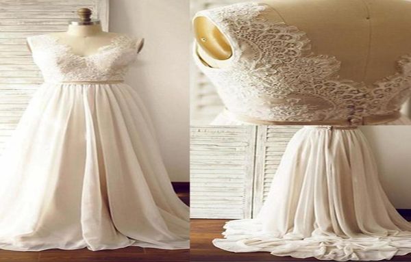 2019 novo moda vneck vestidos de noiva Aline vestidos de noiva sem mangas Saias de chiffon de cintura de renda de renda
