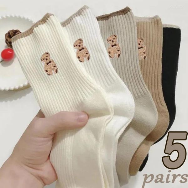 Frauen Socken Baumwollbären Druck Lange Mädchen weiche bequeme braune Strümpfe Süßes Kawaii Tier Mittelröhrchen Socken Calcetinen Mujer