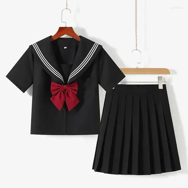 Roupas Defina o traje de marinheiro de uniforme da escola japonesa preto de três linhas JK Lady Girl Anime Cosplay Costume Top Pleated Salia Roupas