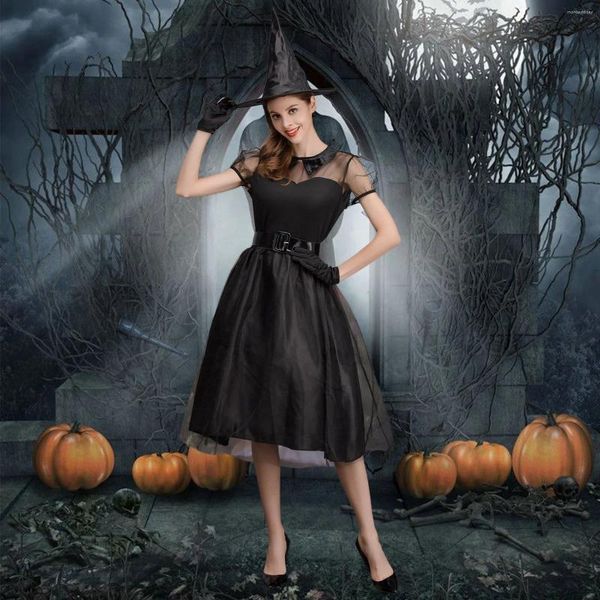 Vestidos casuais halloween damas vestido cosplay bruxa preta manga curta colorida laca malha de renda alta gótica com cinto com cinto