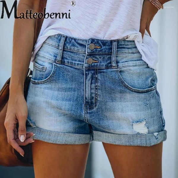 Shorts femininos moda a cintura alta e dupla emenda de jeans de jeans broken buracos três quartos de calça feminina de streetwear feminino