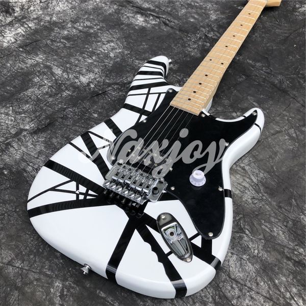 Stok Char Edward Van Halen Beyaz Siyah Çizgiler Elektro Gitar Floyd Rose Tremolo Köprüsü, Kilitleme Somun, Akçaağaç Boyun Akçaağaç Klavye Noktası Kakmı