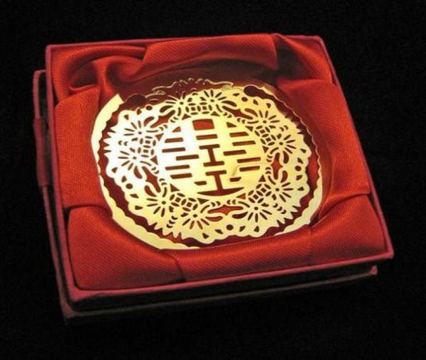 50pcs Double Happiness Gold Lesezeichen Metall mit Geschenkbox Chinesische Souvenirs Briefpendellonidengeschenke Party Hochzeitsbevorzugungen 5969253