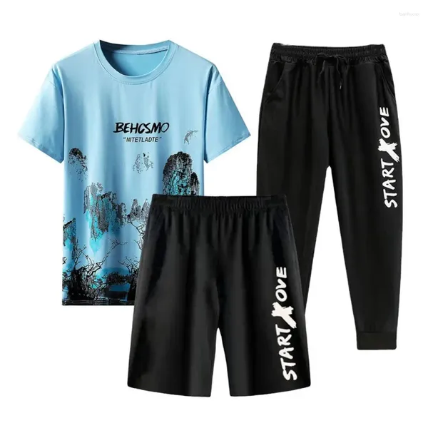 Running Sets Männer dreiteilige Anzug Set Herren-Sommer-Outfit mit O-Neck-T-Shirt Lose Fit Shorts Drucken Sport kurz für