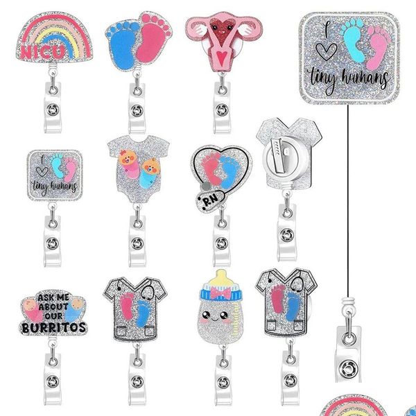 Andere Wohnkultur 10 PCs/Los Custom Key Ringe Baby Themenabzeichen REEL REAKRAKTABLE GESCHÄFTEN NICU FEET Uterus Halter Zubehör für Krankenschwestern DH9BEBE