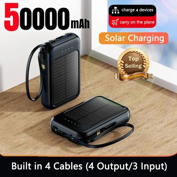 Bank 50000 MAH Solar Power Bank İnce Işık, Samsung Apple Xiaomi için Fourwire Harici Pil Taşınabilir Günlük Güç Bankası ile birlikte gelir