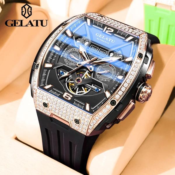 Relógios de pulso Gelatu Top Brand Relógios masculinos Original Design Diamond Flywheel Design Dual Calendário Automático Relógio mecânico para homens