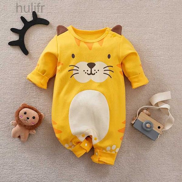 ROMPERS Spring- und Herbstjungen und Mädchen süßer Cartoon Tiger 3D bedruckte Baumwolle bequemes Baby BodySuit D240425