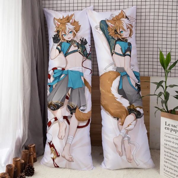 Travesseiro genshin impacto dakimakura travesseiro kaeya xiao klee gorou cosplay abraçando travesseiro corporal 150x50 jogo de anime