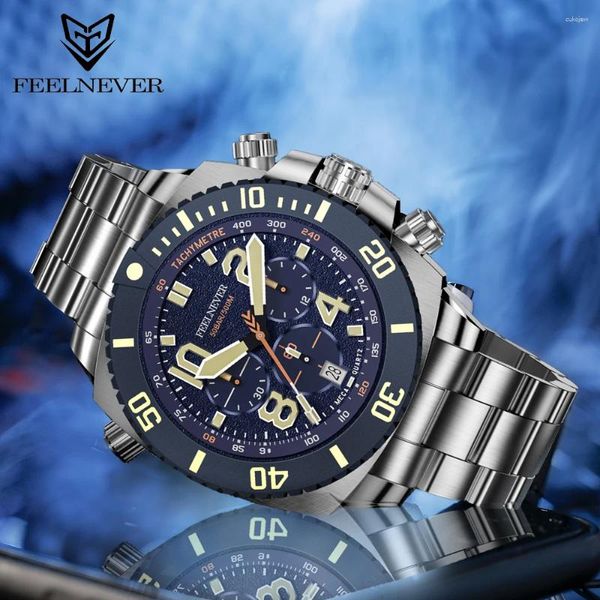 Relógios de pulso FeelNever Diving Quartz Watch For Men 316L Aço inoxidável Sapphire Big Dial Watches Mens Watches 50Bar Propertável 3C Relloj Relloj