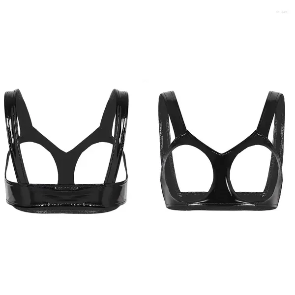 Bras Women Sexy Glossy Leather Hollow Out Bra Эротическая грудь, подвергающая секс -костюм N7YF