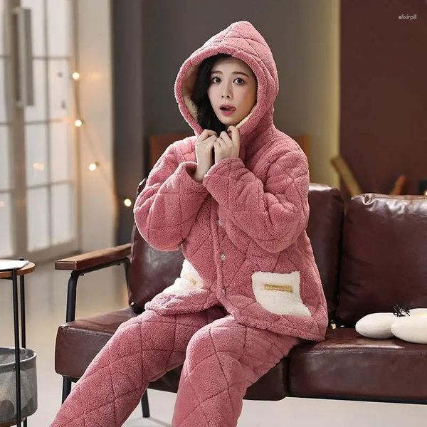 Женская одежда для сна 2024 Pajama Women Winter Трехслойная фланелевая планеля