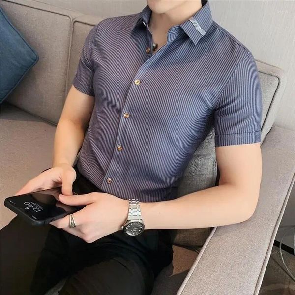 Herren lässige Hemden Sommer Hochwertiges Streifenband Kurzarm Shirt Slim Fit Business Formal Wear Blouse Streetwear Plus Size 4xl-M