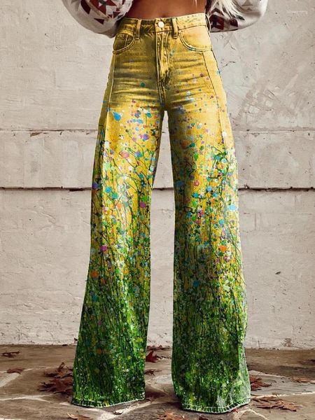 Jeans femininos jeans jeans de perna longa de longa perna larga boho cintura de cintura floral impressão confortável caminhada amarela