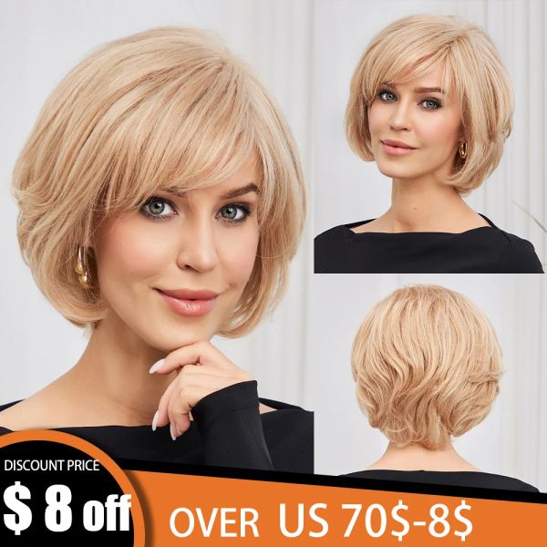 Perucas de cabelo de cabelo curto peruca loira para mulheres handi hd renda frontal Remy Human Human Wig Natural em camadas Bob Wig com franjas sem gluus