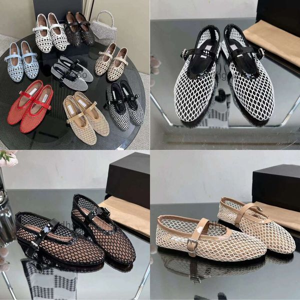 Designer Top Alai Women Ballet Flats ausgehöhltem Mesh Sandale Rundkopf Strass Rivet Schnalle Mary Echtes Leder Jane Schuhe Slipper 90 Originalqualität