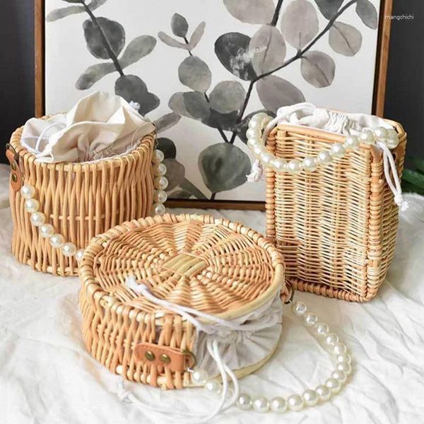 Kozmetik Çantalar İnci Yuvarlak Saman Kova Çantası Vintage El Yapımı Dokuma Çember Rattan Omuz Kadınlar İçin Yaz Messenger Tatili