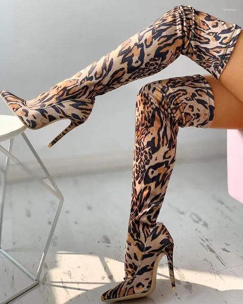 Stivali ad alto leopardo femminile stampare sottile tacco sottile da donna sexy puntata sopra il ginocchio con tacchi a spillo femminile magro