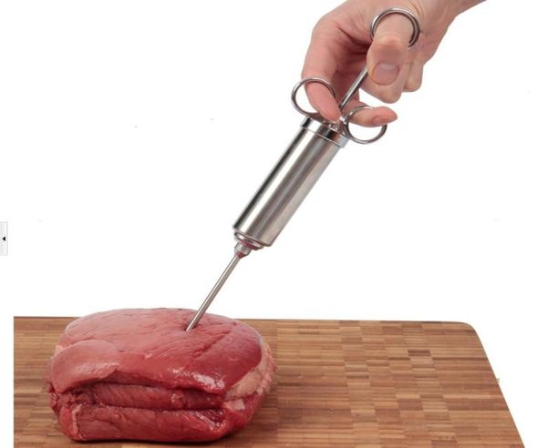 Kit iniettore di carne in acciaio inossidabile per bestia grill con barile di grande capacità di 2 once e 2 aghi di marinata professionali 01259508213