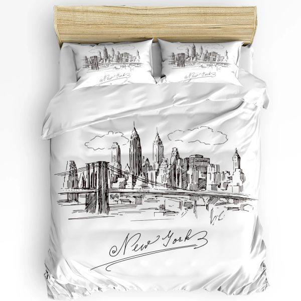 Устанавливает нью -йоркский эскиз городской подмоделенная крышка для кровати для кровати для двойного домашнего текстильного стеганого одеяла наборы постельных принадлежностей для спальни (без листа)