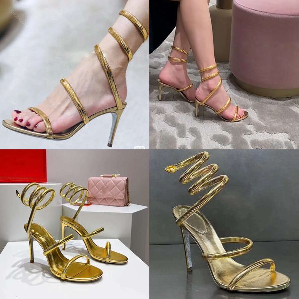 Sandalet Altın Tasarımcı Ayakkabı Kadın Stiletto Topuklu Kristal Rhinestone Twining Ayak Yüzüğü 10 cm Yüksek Topuklu Dar Bant Tasarımcıları Sandal 35-43 Orijinal Kaliteli