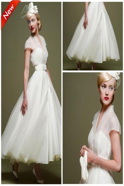 Lunghezza del tè Abiti da sposa corti africani 2019 Simple V Neck White ORGANZA A LINE ABILI ARABICI BRIDALS ADOPILE VEStitido Plus size de No1149757