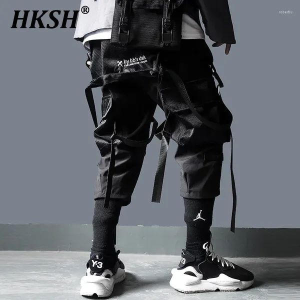 Calças masculinas HKSH Tide Cargo Tático Estilo funcional de malha feminina Multi bolsos maciços da moda escura hk0042 da moda escura hk0042