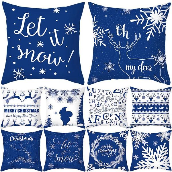 Kissenblaue Weihnachtsdekoration Cover Schneeflower Elch Frohe Briefe gedrucktes Hülle Winter Home Sofa Dekor Dekor