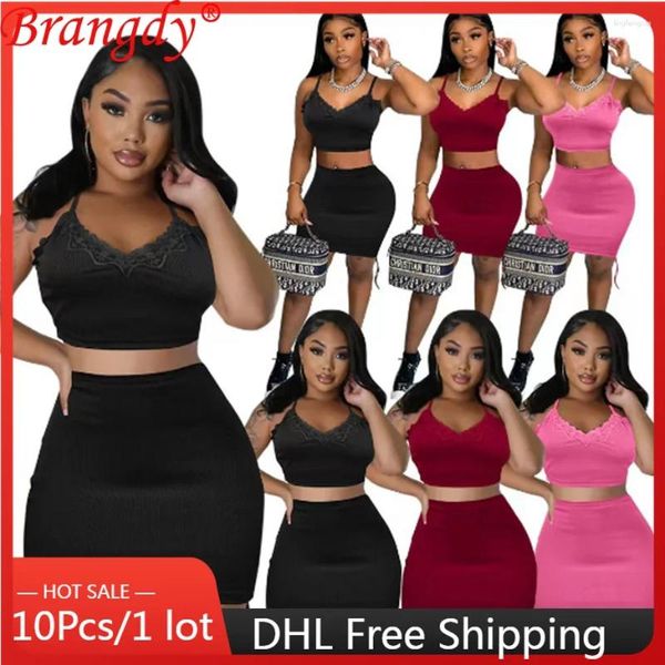 Arbeitskleider 10 Sets Bulk Gegenstände Großhandel Lose zweiteilige Sets Damen -Outifits Kleider Pit Strip High Elastic Draw String Stickstringrock B11425