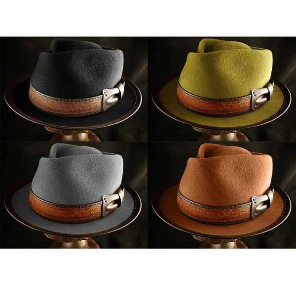 Chapéus de aba larga chapéus de balde clássico de couro quente de couro hemmed lã chapéu de lã pura chapéu de lã fedora lã sombrero hombre ossos masculinos y240425