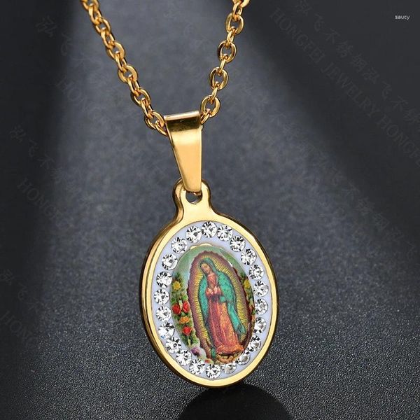 Anhänger Halsketten Edelstahl Jungfrau Maria Halskette Zirkon Christian Guadalupe Schmuck für Frauen / Männer Kette 19.7 