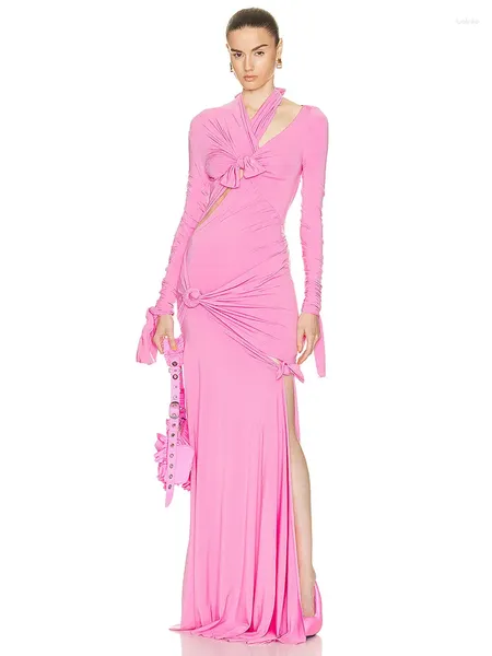 Lässige Kleider sexy Langarm Asymmetrische Hohlkleidung Frauen Rosa Knotted Ausschnitt Slim Maxi Kleid Elegant Party Club Abend