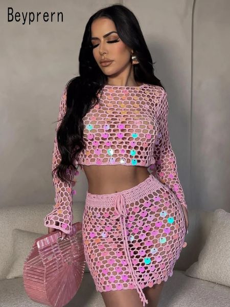 Beypern Beautiful Out Out Plaj Tığ Sapağı Seti Pembe Kıyafetler Glitter Sequins Coverup Twopiece Elbise Giyim 240423