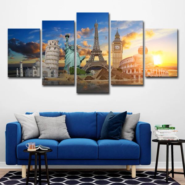 5 Painel Monument Eiffel Tower estátua Atrações HD Pictures Pintura de lonvas Posters paisagem para decoração da sala de estar sem moldura