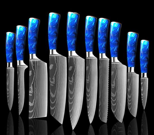 Кухонный нож набор 10 штук. Шеф -повар Профессиональный японский 7cr17 из нержавеющей стали лазер Дамаск Остром Сантоку синяя смола H9026395